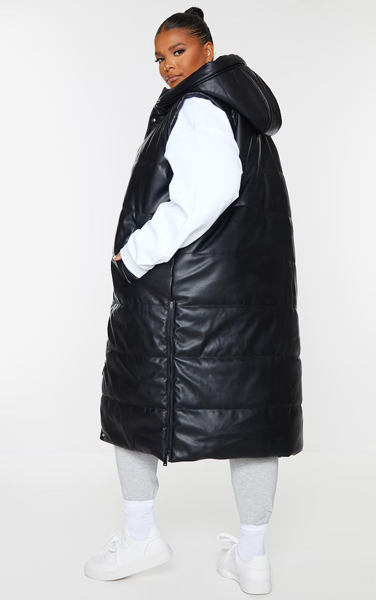 Plus Black Faux Leather Hooded Midi Vest | PrettyLittleThing US