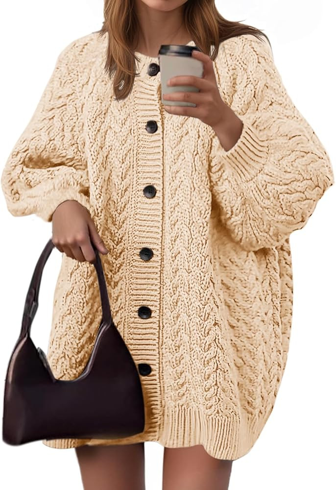 Saodimallsu Womens Cable Knit Cardigans Oversized Chunky Button Down Long Lantern Sleeve Crew Nec... | Amazon (US)