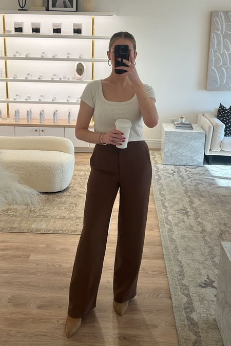 Work outfit / business casual outfit 

My favorite aritizia pants!! I like these trousers because they don’t have those weird front plants AND an elastic waist! Wearing a 4 

Amazon jewelry - tortoise shell hoop earrings 

#LTKworkwear #LTKfindsunder50 #LTKfindsunder100