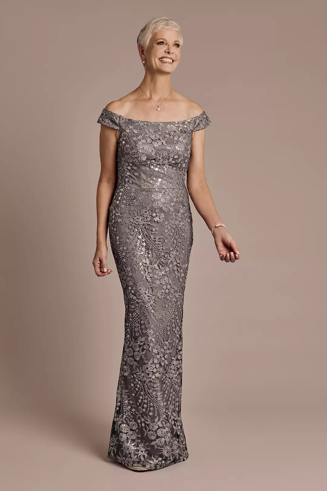 Off-the-Shoulder Sequin Embroidered Sheath Dress | David's Bridal | David's Bridal