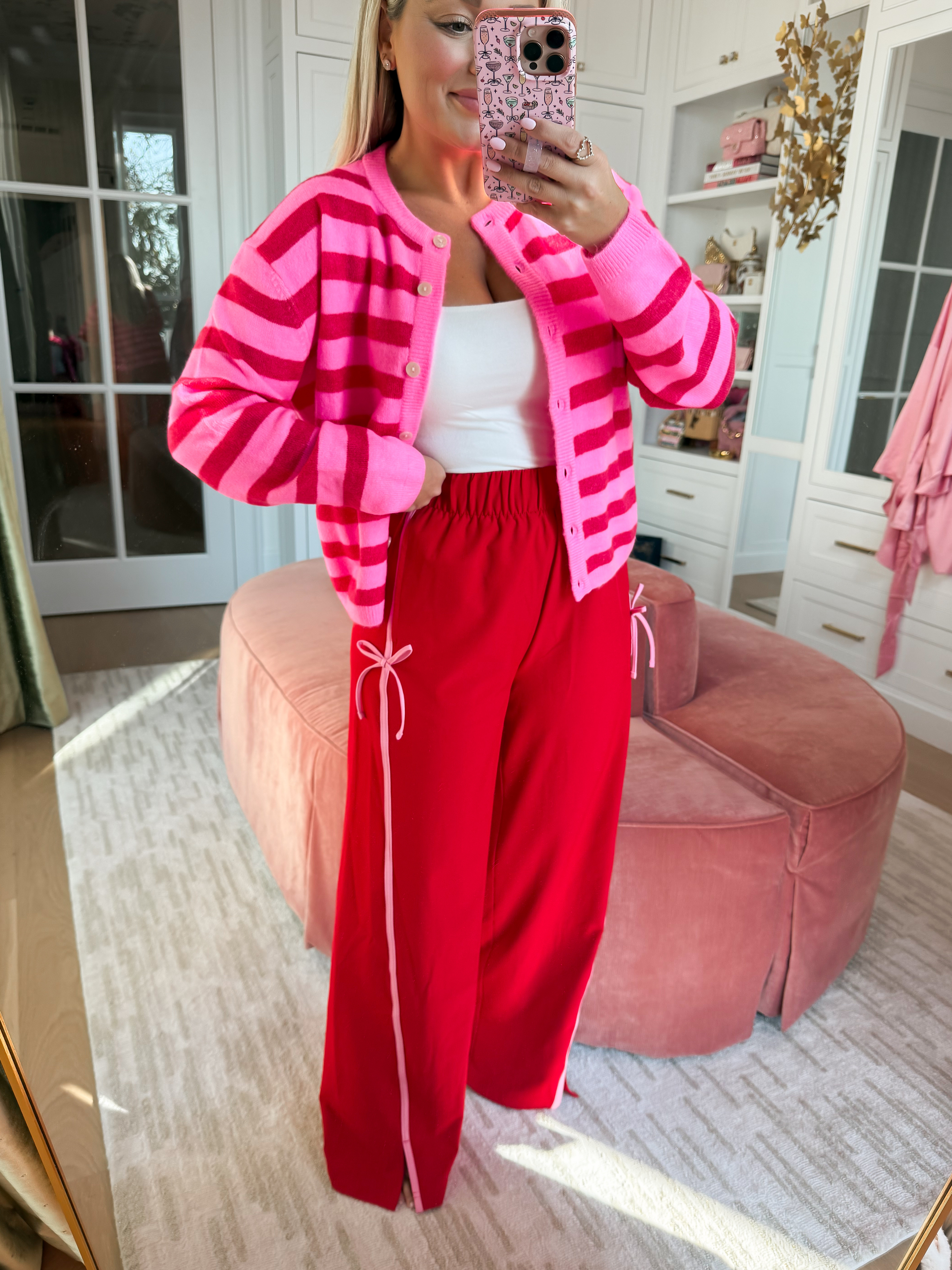 Pink and red workout wear 
Target try-on haul 
Wearing size small cardigan, size medium pants 

#LTKgrwm #LTKootd