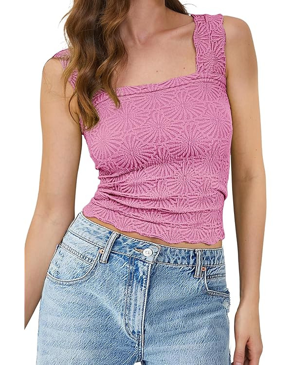 MISSACTIVER Women Square Neck Wide Straps Crop Tank Tops Casual Floral Sleeveless Lettuce Trim Sl... | Amazon (US)