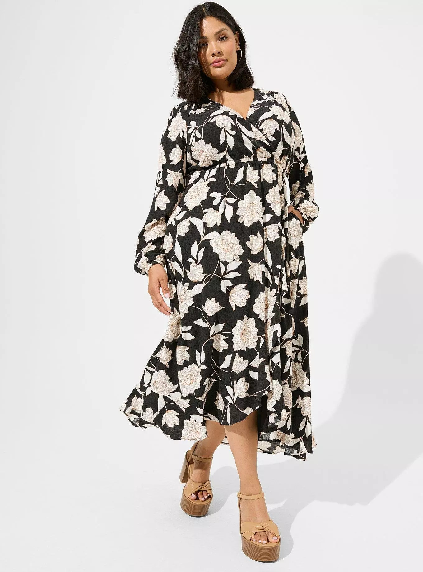 Midi Washable Crinkle Gauze Ruffle Surplice Dress | Torrid (US & Canada)