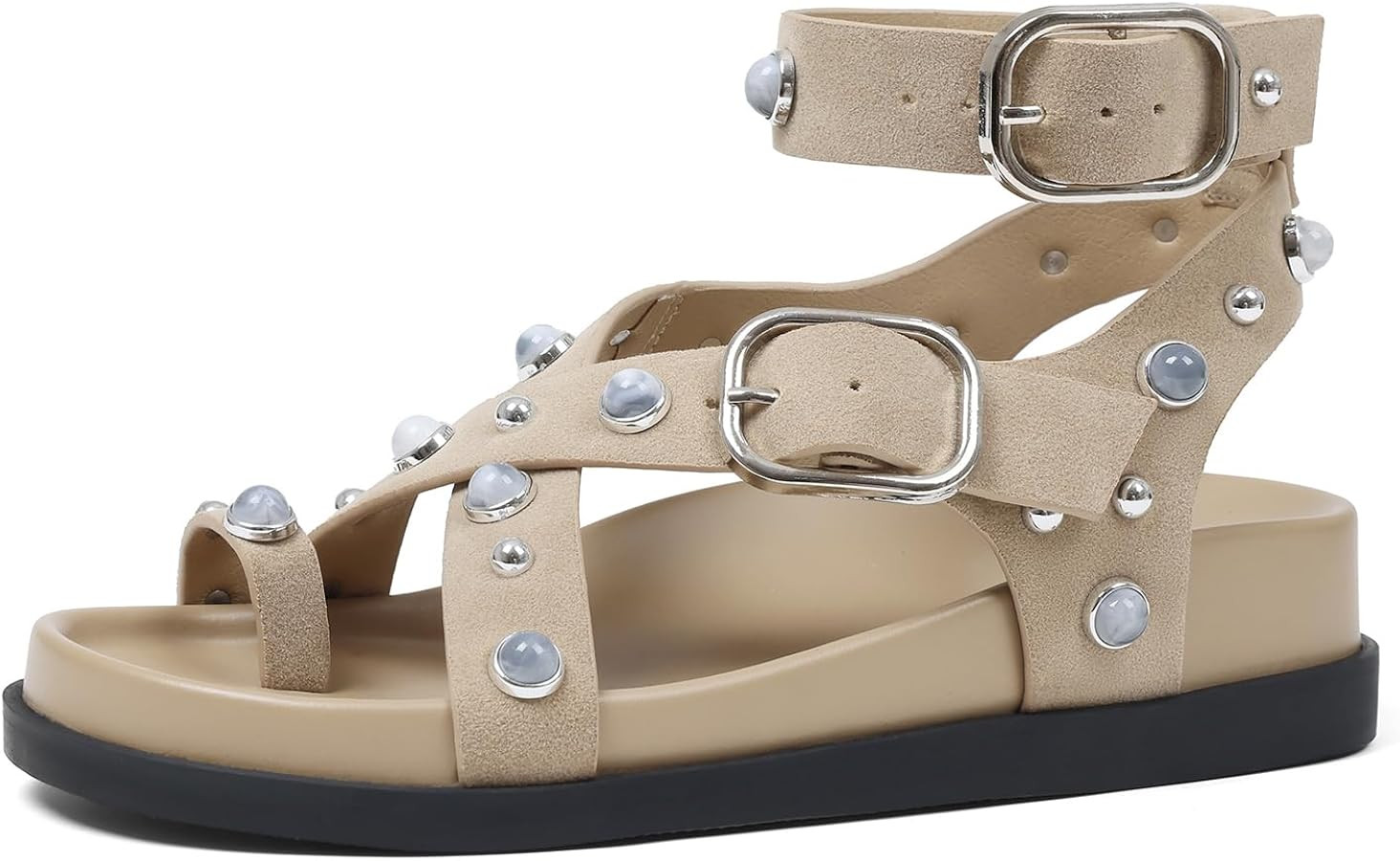 CELNEPHO Womens Sandals Ankle Wrap Molded Footbed Flat Sandals Platform Wide Width with Rhineston... | Amazon (US)