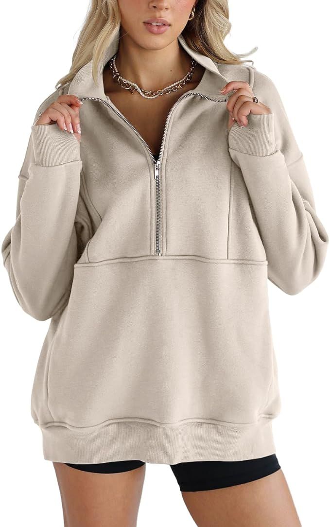 Women's Half Zip Sweatshirts Fleece Stand Collar Long Sleeve Thumb Hole Oversized Pullovers with ... | Amazon (US)