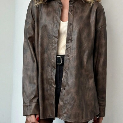 Women Chic Vintage Distressed Faux Leather Pocket Button Down Loose Shacket, Suitable For Commuting, Autumn/Winter | SHEIN