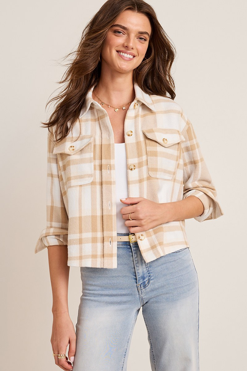 Jess Plaid Button Down Shacket | Francesca's