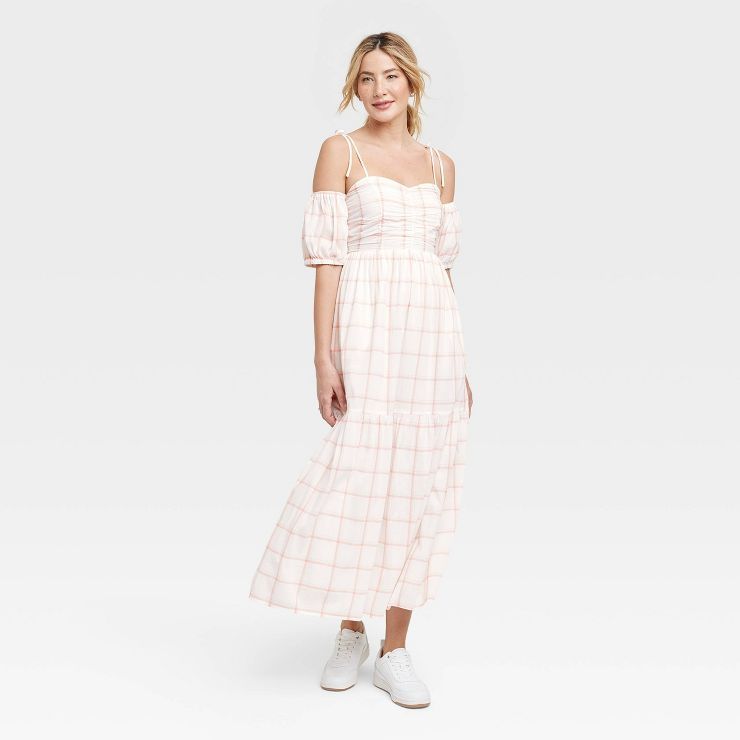 Women's Puff Short Sleeve A-Line Dress - Universal Thread™ Cream Plaid | Target