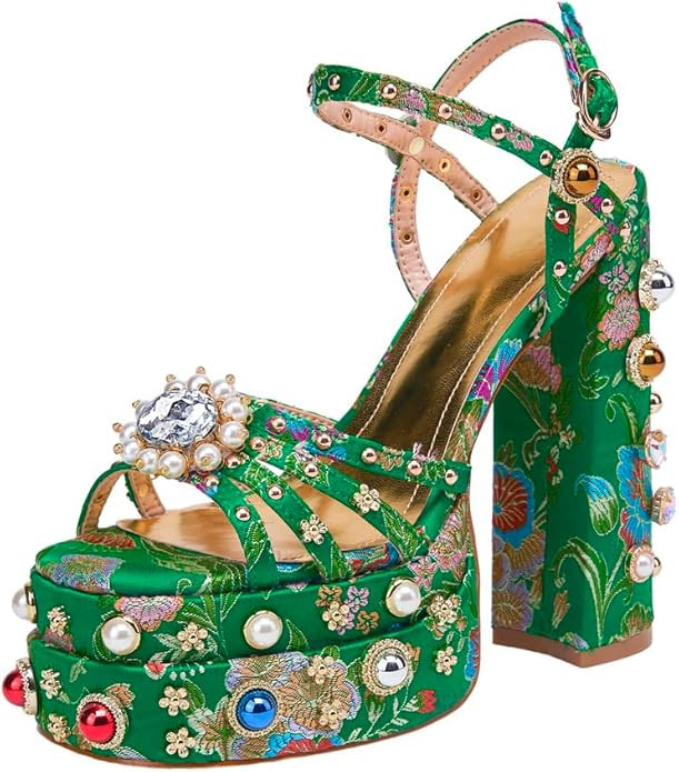 Feinlina Women Rhinestone High Chunky Platform Open Toe Block Heels Gems Detail Fashion Green Pin... | Amazon (US)