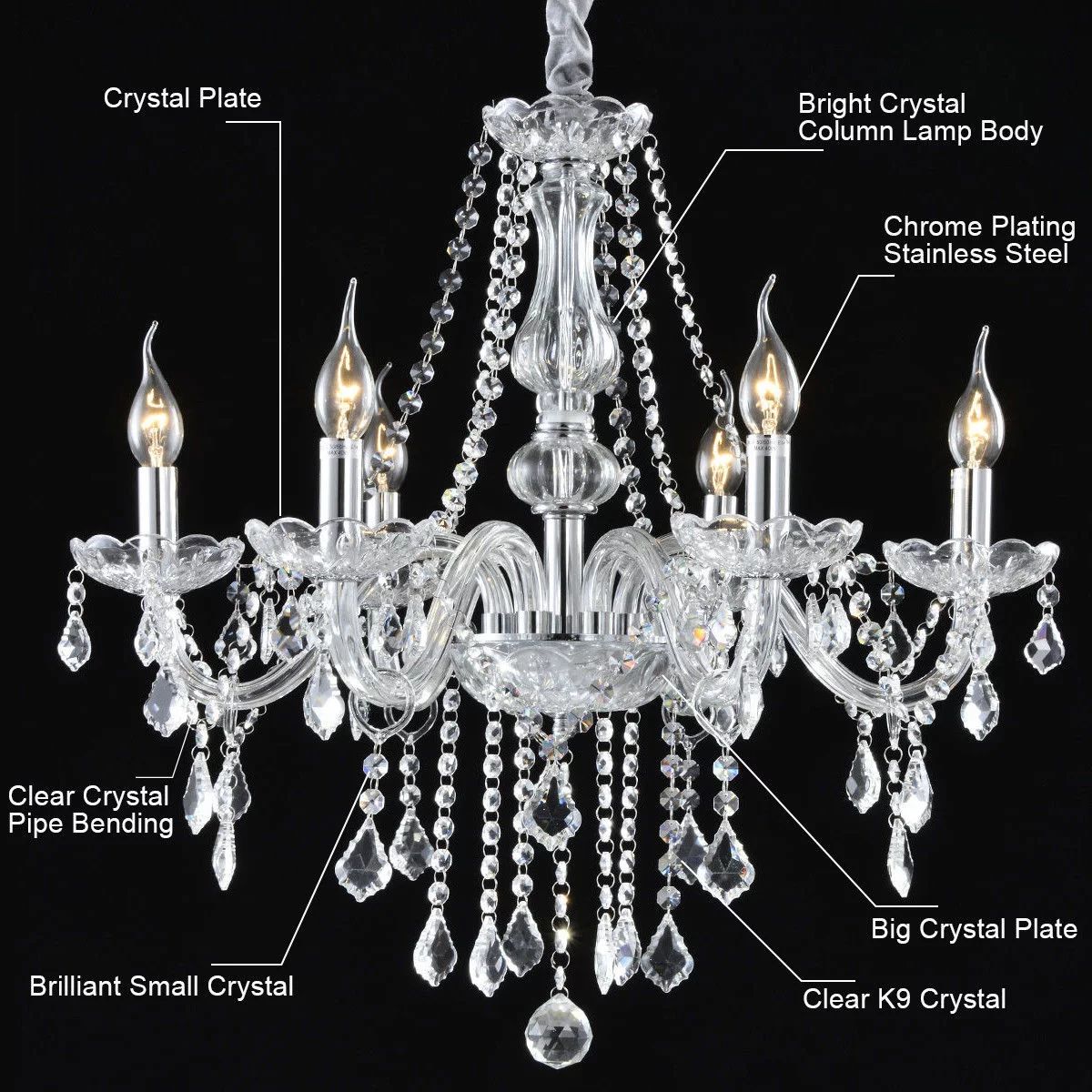 Costway Elegant Crystal Chandelier Modern 6 Ceiling Light Lamp Pendant Fixture Lighting | Walmart (US)