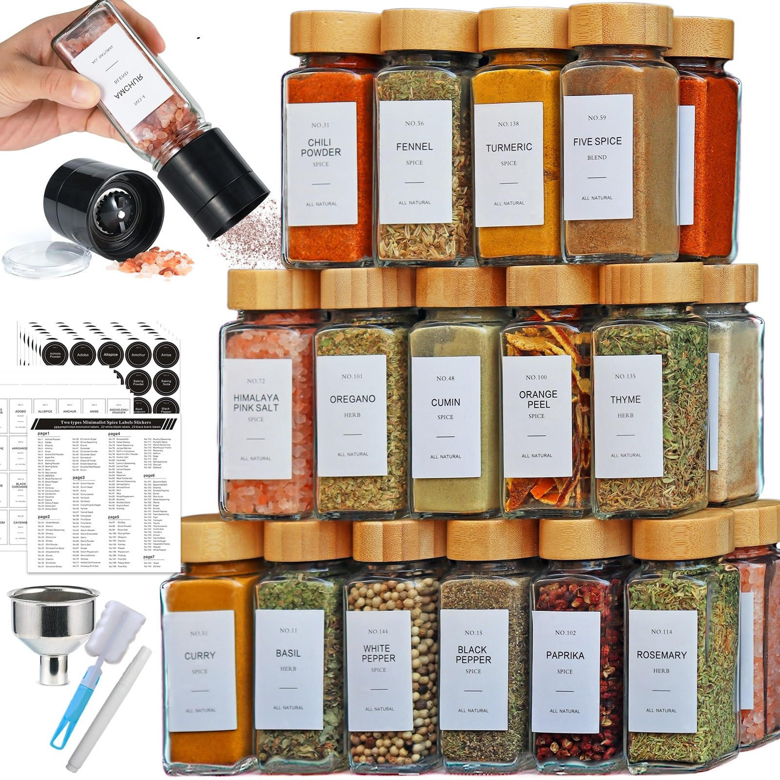 24 Pcs Spice Jars with Bamboo Lids and Spice Grinder,4 oz Glass Spice Organizer with 336 Spice La... | Amazon (CA)