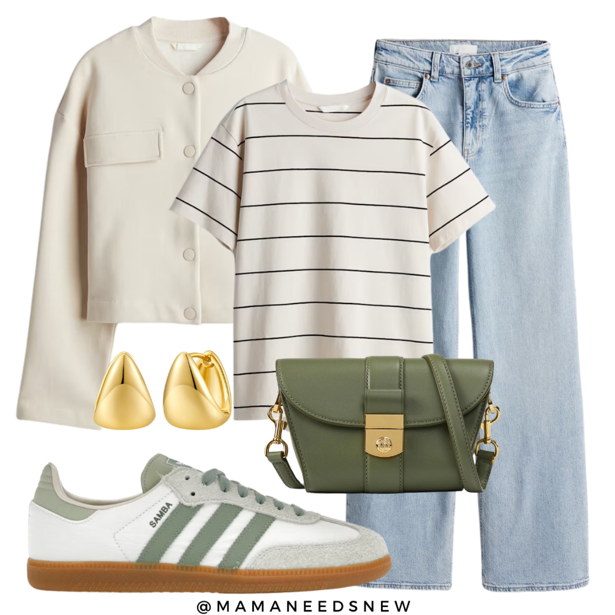 Casual outfit featuring sweatshirt jacket, stripe tee, jeans & a pop of green

#LTKSaleAlert #LTKItBag #LTKFindsUnder100