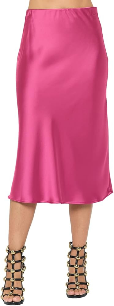 RENEEC. Women Solid Satin High Waist Elastic A Lined Midi Skirt - Made in USA | Amazon (US)
