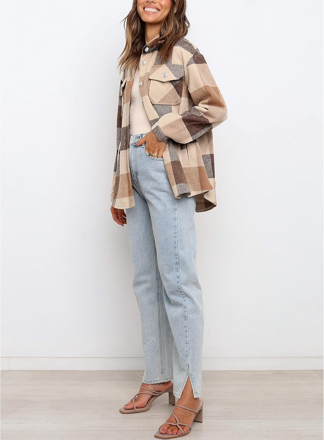 UANEO Womens Casual Plaid Wool Blend Button Down Long Sleeve Shirt Jacket Shackets | Amazon (US)