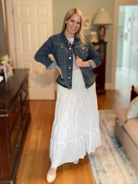 Floral maxi skirt, spring work outfit, Easter outfit, spring church outfit, denim jacket, soft t-shirt, espadrille wedges, size medium, mom outfit, SAHM outfit 

#LTKfindsunder100 #LTKfindsunder50 #LTKover40