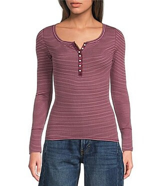 Lucky Brand Striped Ribbed Knit Round Neck Long Sleeve Pointelle Henley Top - L | Dillard's