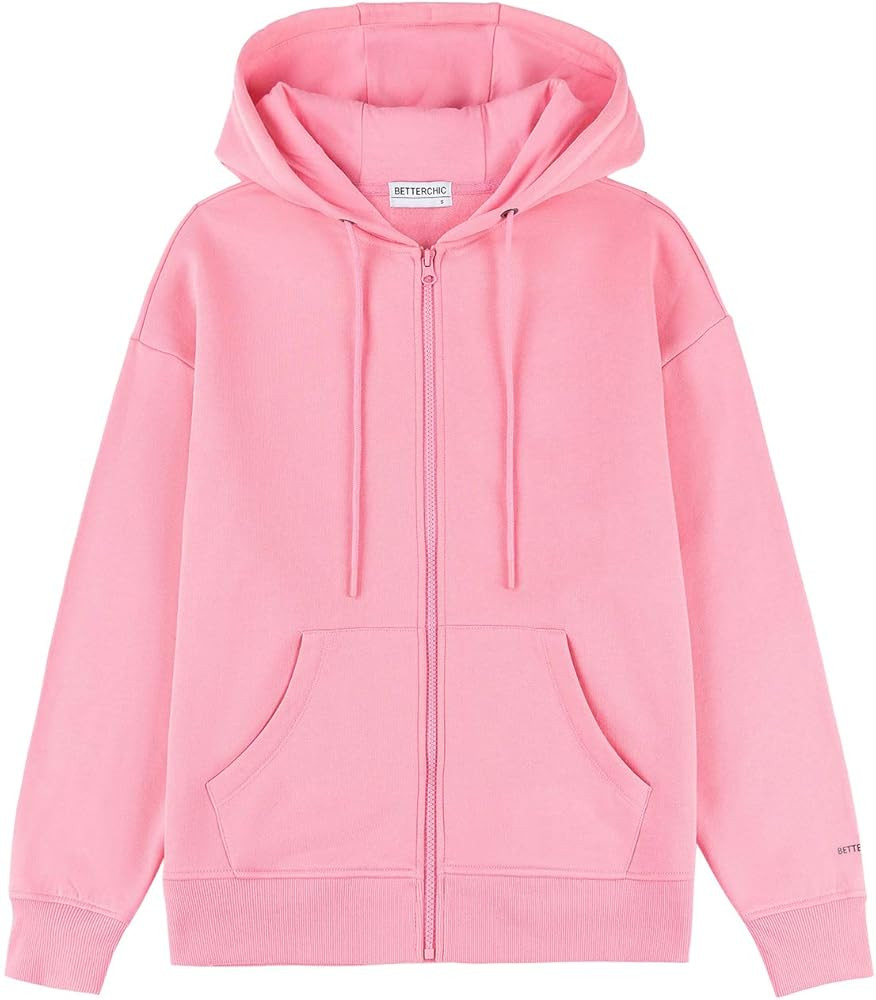 BETTERCHIC Women's Hooded Sweatshirt Casual Soft Brushed Fleece Hoody Drop Shoulder Full Zip Up H... | Amazon (US)