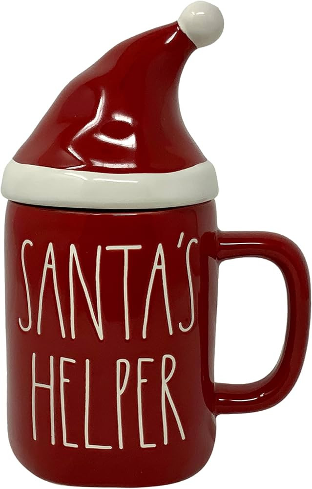 Rae Dunn Red SANTA’S HELPER Mug With Santa Hat Topper Christmas White LL | Amazon (US)
