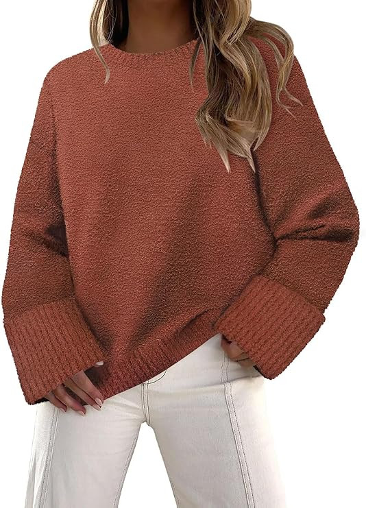Women's Fuzzy Knit Sweaters Trendy Crewneck Pullover Tops Fall Winter Fashion Outfits | Amazon (US)