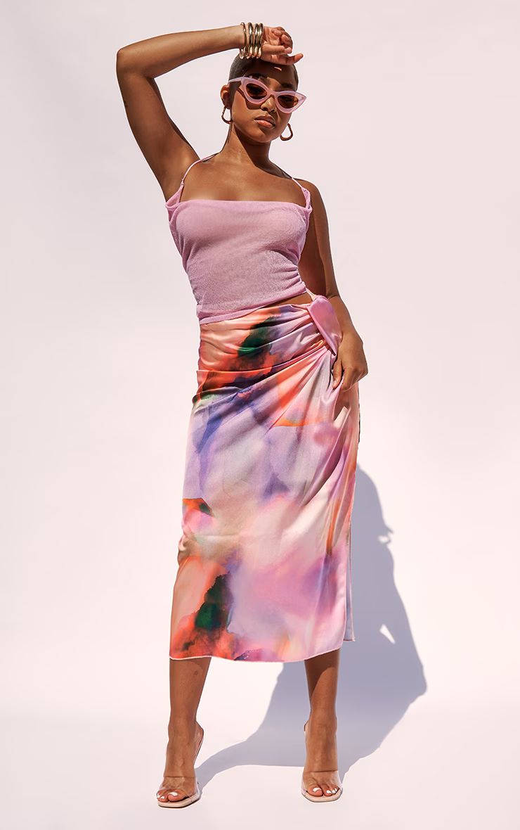 Petite Pink Abstract Print Satin Drape Midaxi Skirt | PrettyLittleThing US