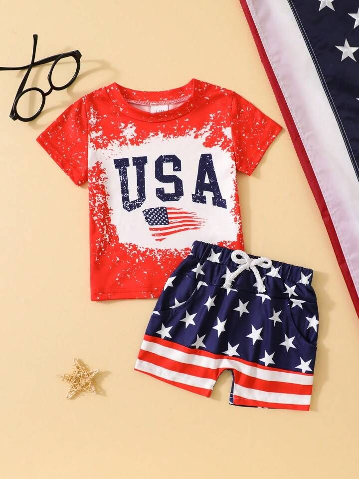 2pcs Baby Boys' 4th Of July Outfit Flag Striped Short Sleeve T-Shirt And Shorts Casual Summer Out... | SHEIN