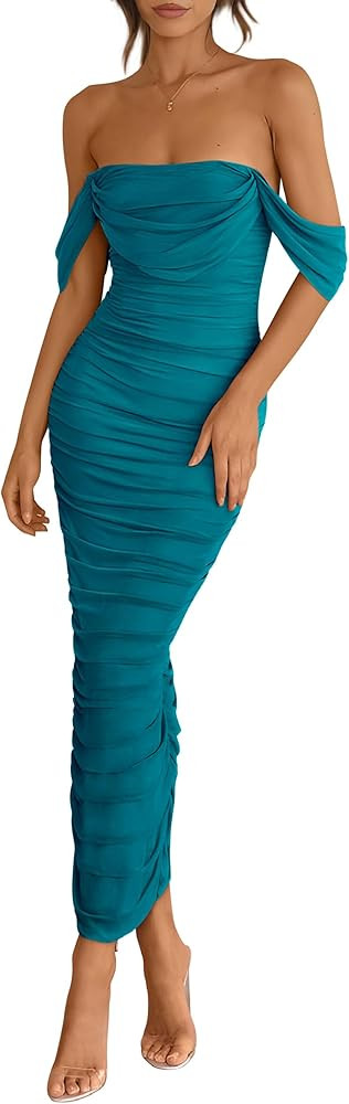 PRETTYGARDEN Womens 2025 Summer Off The Shoulder Dress Ruched Bodycon Sleeveless Split Cocktail P... | Amazon (US)