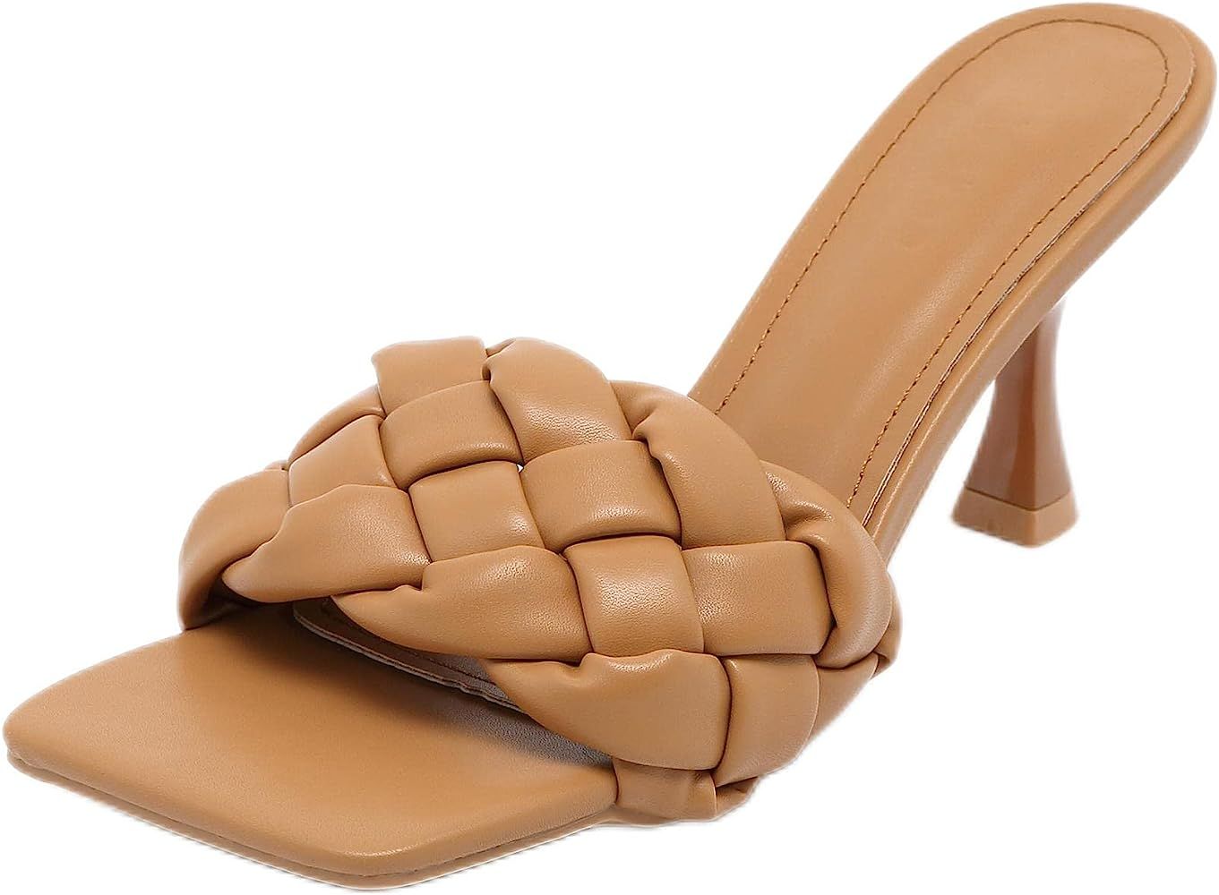 Women’s Braided Heeled Sandals Square Open Toe Woven Mule Stiletto High Heel Slip On Quilted Leather | Amazon (US)