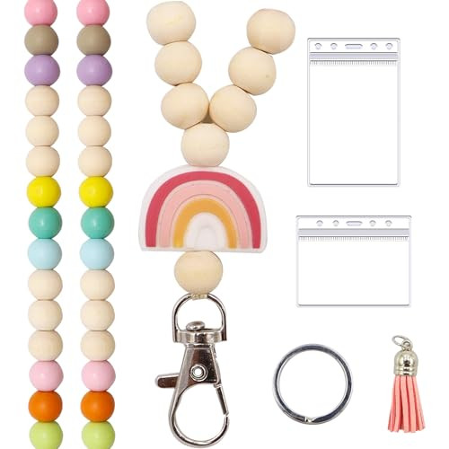 Wooden Beaded Lanyards, Teacher Lanyard with ID Holder, Lanyards for Id Badges Women, Fashion Colorful Wood Beaded Lanyard for Keys | Amazon (US)