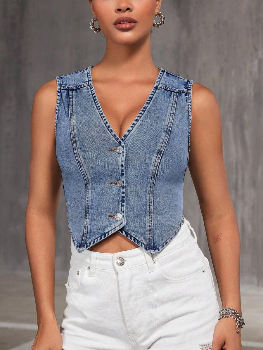 SHEIN BAE Women Front Button Casual Denim Waistcoat | SHEIN