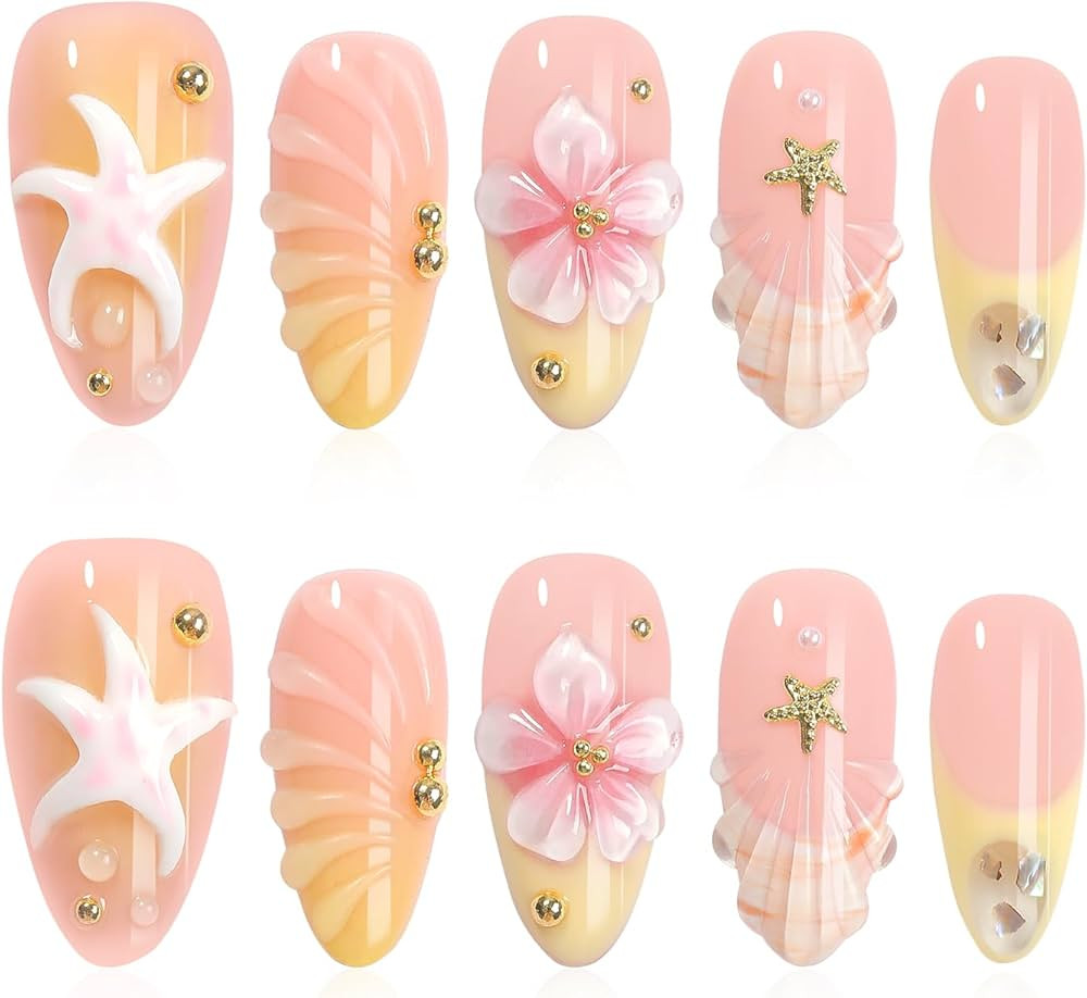 Handmade Press On Nails Almond, 3D Flowers Rhinestone Water Ripple Design Short Fake Nails with F... | Amazon (US)