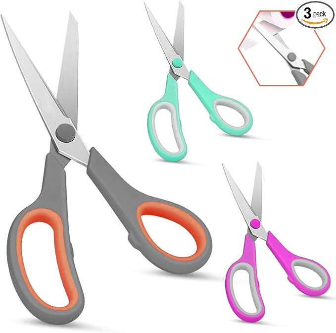 Scissors, 8.5 Inch General Purpose Scissors Bulk 3 Pack, Extra Sharp 2mm Thick Blade Scissors for... | Amazon (US)