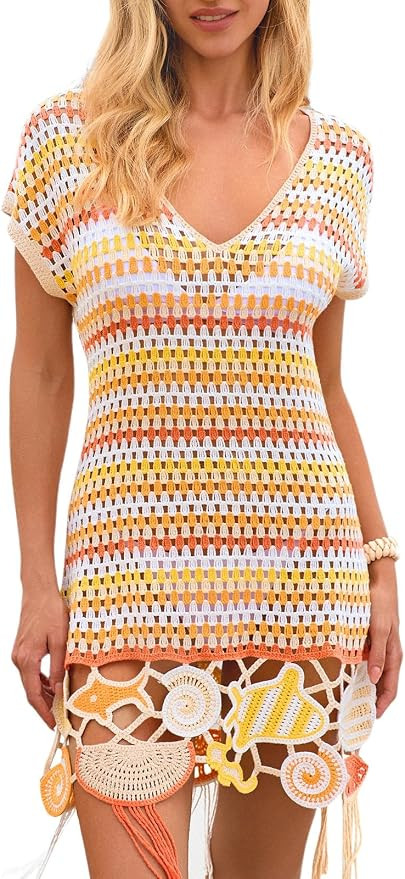Women's Crochet Beach Cover Up Dress, Boho Tassel Swimsuit Coverup with 3D Ocean Embroidery for S... | Amazon (US)