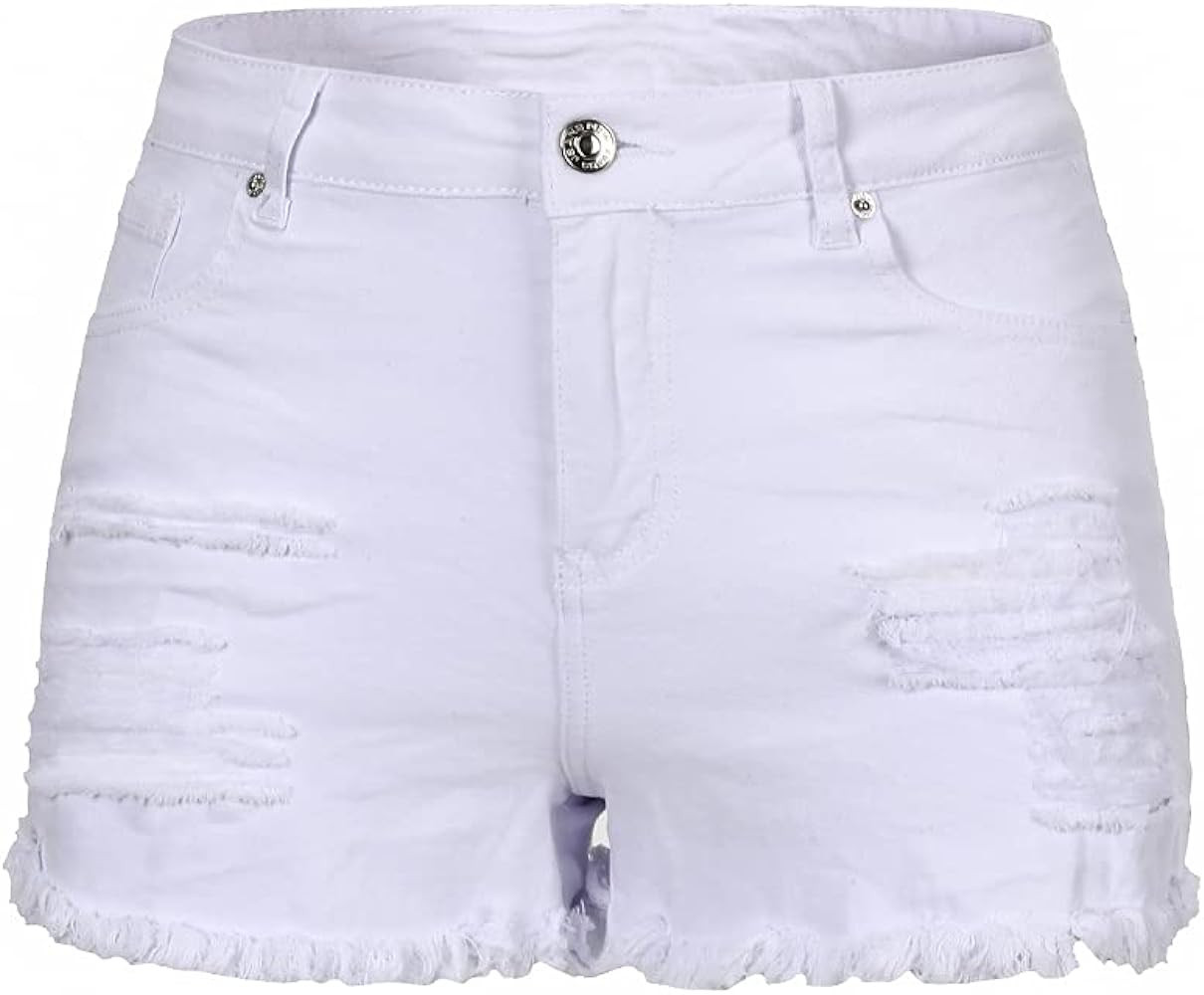 THUNDER STAR Women Mid Rise Ripped Stretchy Jeans Shorts Frayed Raw Hem Casual Denim Shorts | Amazon (US)