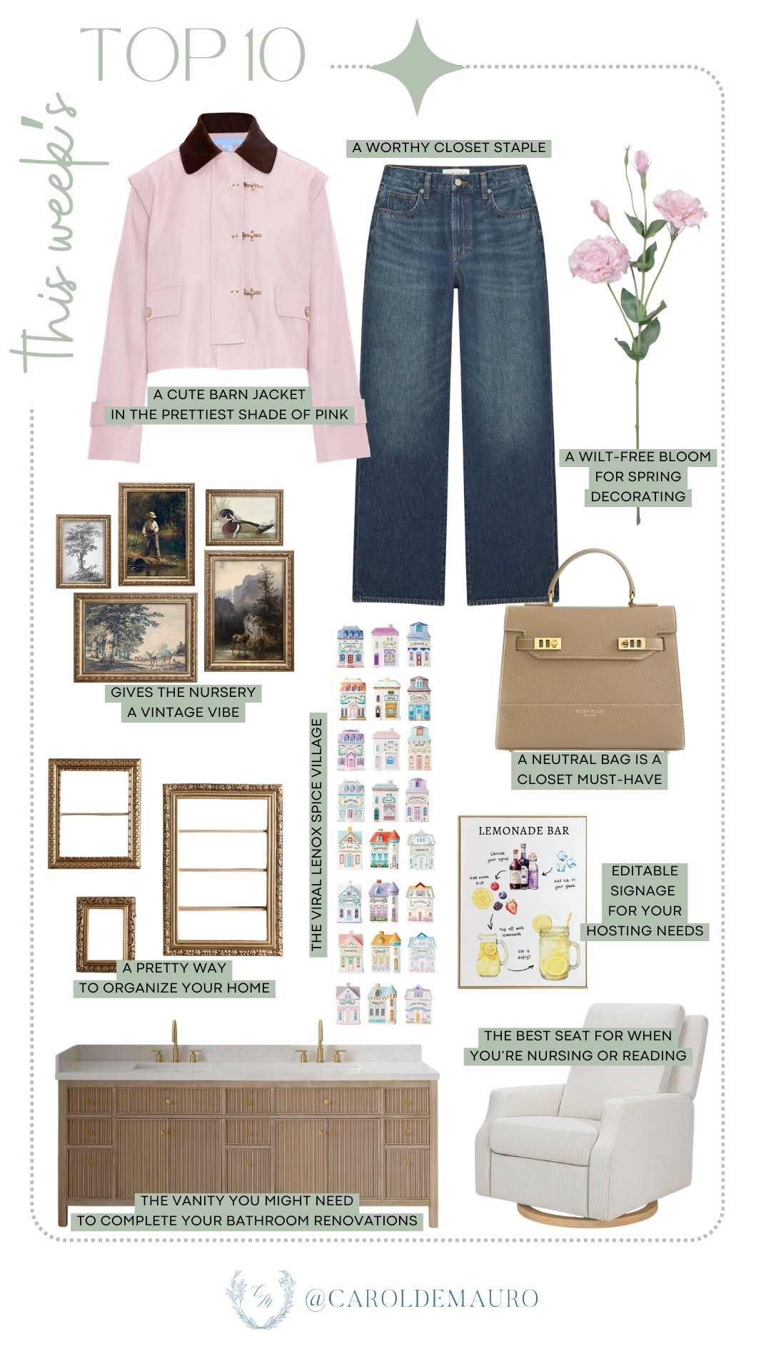 You all clearly have amazing taste, because this week's top ten most-purchased items are a beautiful mix of spring fashion staples and dreamy home updates! From the perfect pink barn jacket to that viral Lenox spice village and vintage nursery art, these are the pieces you've been loving the most lately. 

top 10, weekly bestsellers, home decor,  closet staples, nursery decor, bathroom renovation, furniture finds, faux flowers

#LTKootd #LTKHome #LTKSeasonal