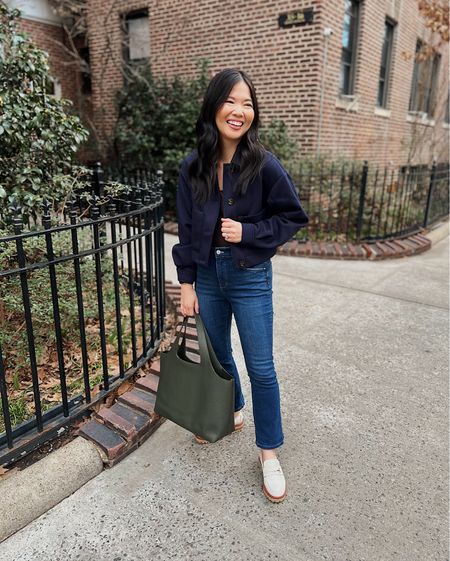 Cropped navy jacket (XSP)
Brown tank top  (XS/S)
High waisted jeans (4P)
High waisted boot cut jeans 
Olive green tote bag 
Cuyana System tote
White chunky loafers  (TTS)
White loafers 
White lugsole loafers 
Smart casual outfit 
Business casual outfit 
Teacher outfit 
Ann Taylor outfit 
Spring work outfit 
Neutral work outfit 
Neutral outfit

#LTKfindsunder100 #LTKworkwear #LTKSeasonal