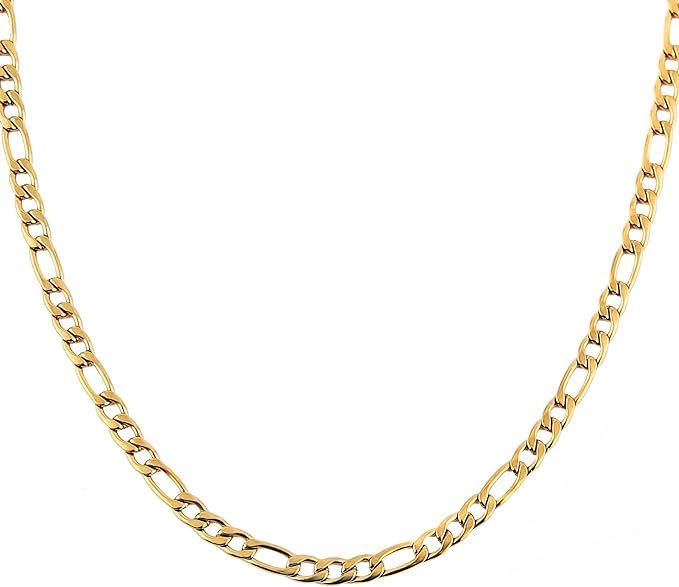 HZMAN Men Women 24k Real Gold Plated Figaro Chain Stainless Steel Necklace, Wide 3mm 5mm 7mm 9mm | Amazon (US)