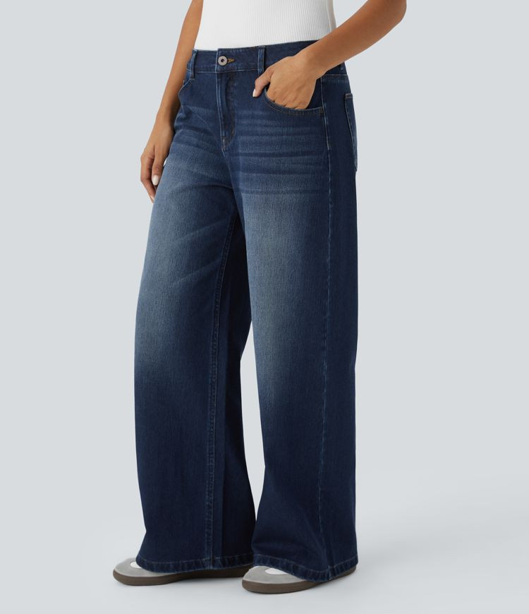 Women’s Halara Flex™ Low Rise Zipper Pockets Washed Baggy Wide Leg Casual Jeans - Halara | Halara UK