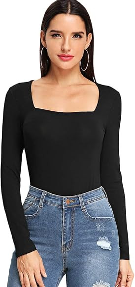 Romwe Women's Solid Long Sleeve Slim Fit Blouse Tee T-Shirt Top | Amazon (US)