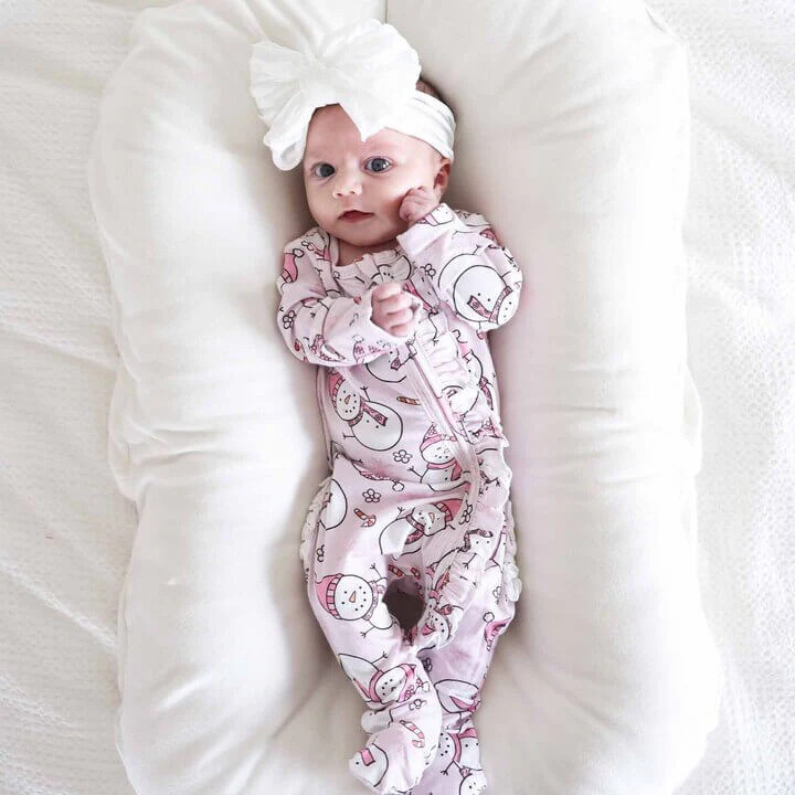 Snowman Snuggles Ruffle Zipper Footie | Pink | Caden Lane