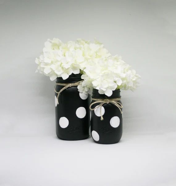 Set of Hand Painted Black and White Polka Dot Quart and Pint Mason Jar | Wedding Decor | Baby Sho... | Etsy (US)