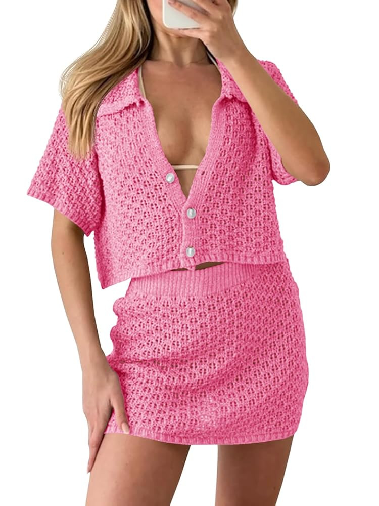 Saodimallsu Women 2 Piece Cover Up Set Crochet Beach Summer Knit Button Short Sleeve Crop Top Min... | Amazon (US)