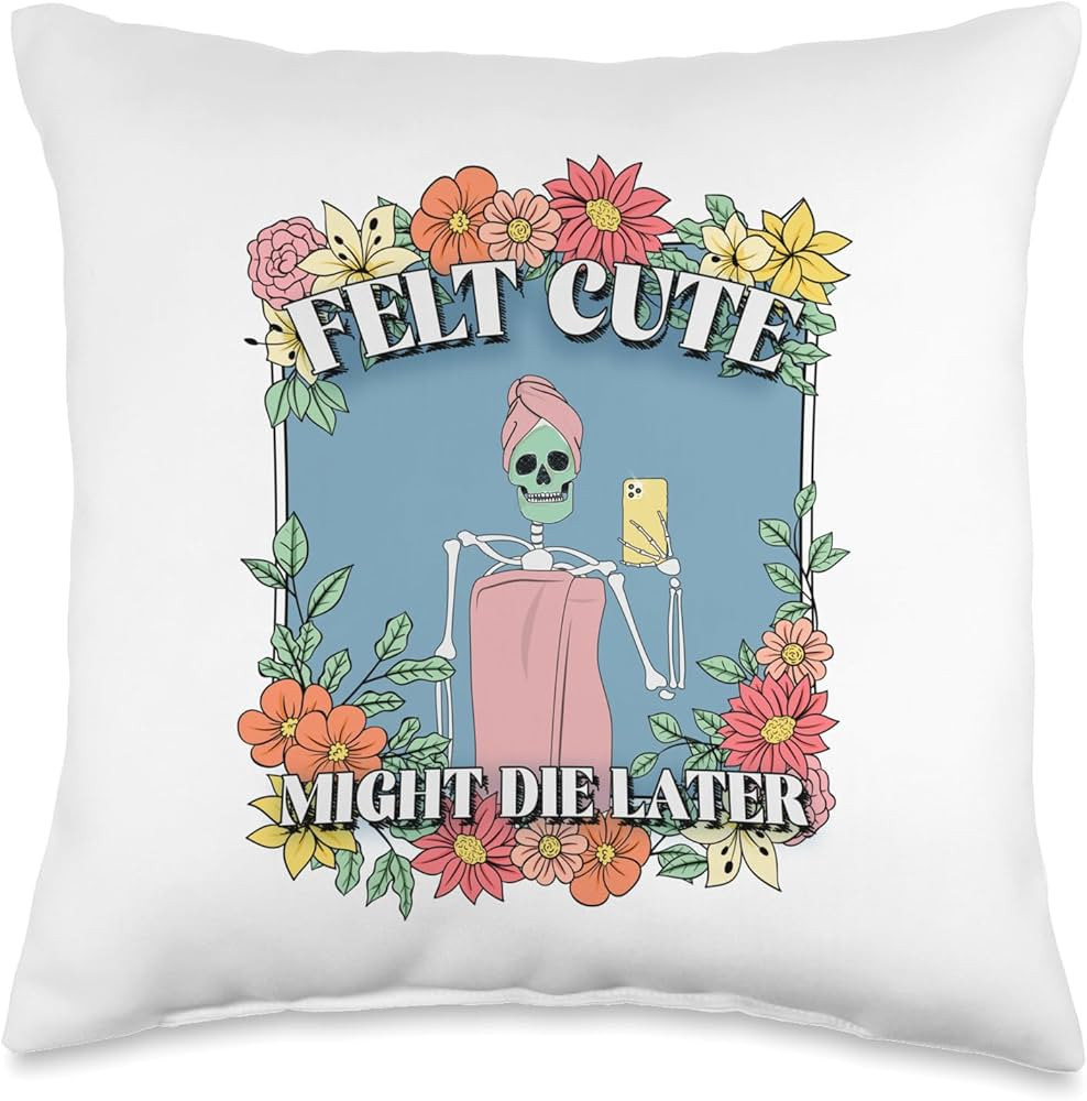 Wanderlissa Skeleton Halloween Floral Felt Cute Might Die Delete Later Throw Pillow, 16x16, Multi... | Amazon (US)