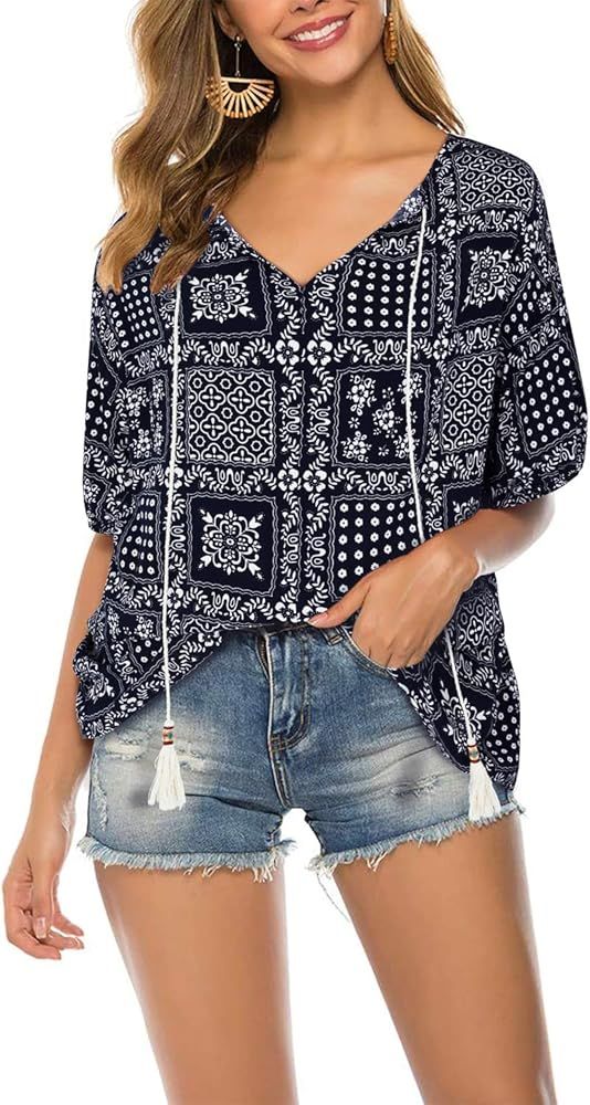 KILIG Women's Summer Casual Boho Floral Print Blouses V Neck Short Sleeve Ethnic Style Tunic Shir... | Amazon (US)