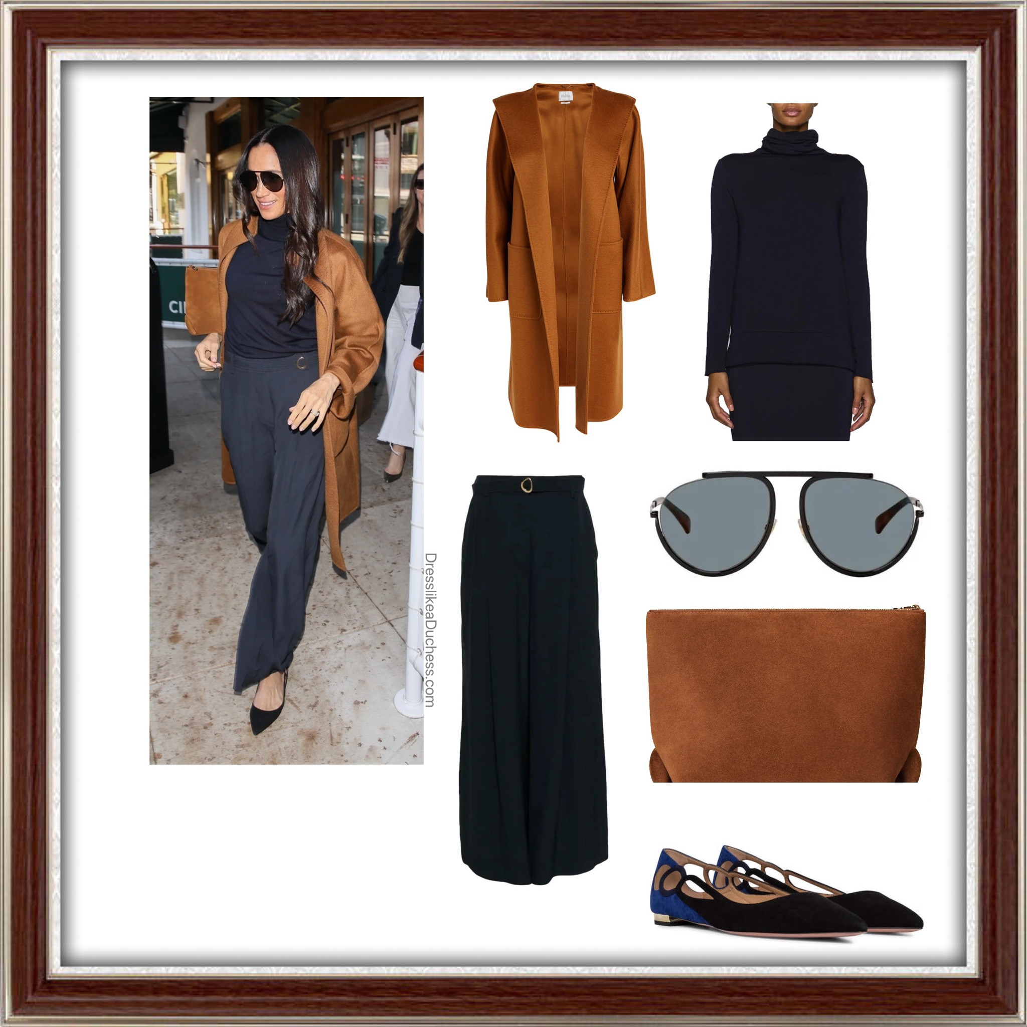 Meghan Markle Bleusalt turtleneck, max mara Lilia coat, ulla Johnson pants, cesta clutch
Casual meeting/date style 