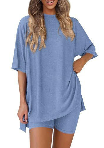 PRETTYGARDEN Women's Two Piece Lounge Set 2025 Summer Casual Oversized Shirts Biker Shorts Matching Airport Travel Outfit (Grey Blue,Large) | Amazon (US)