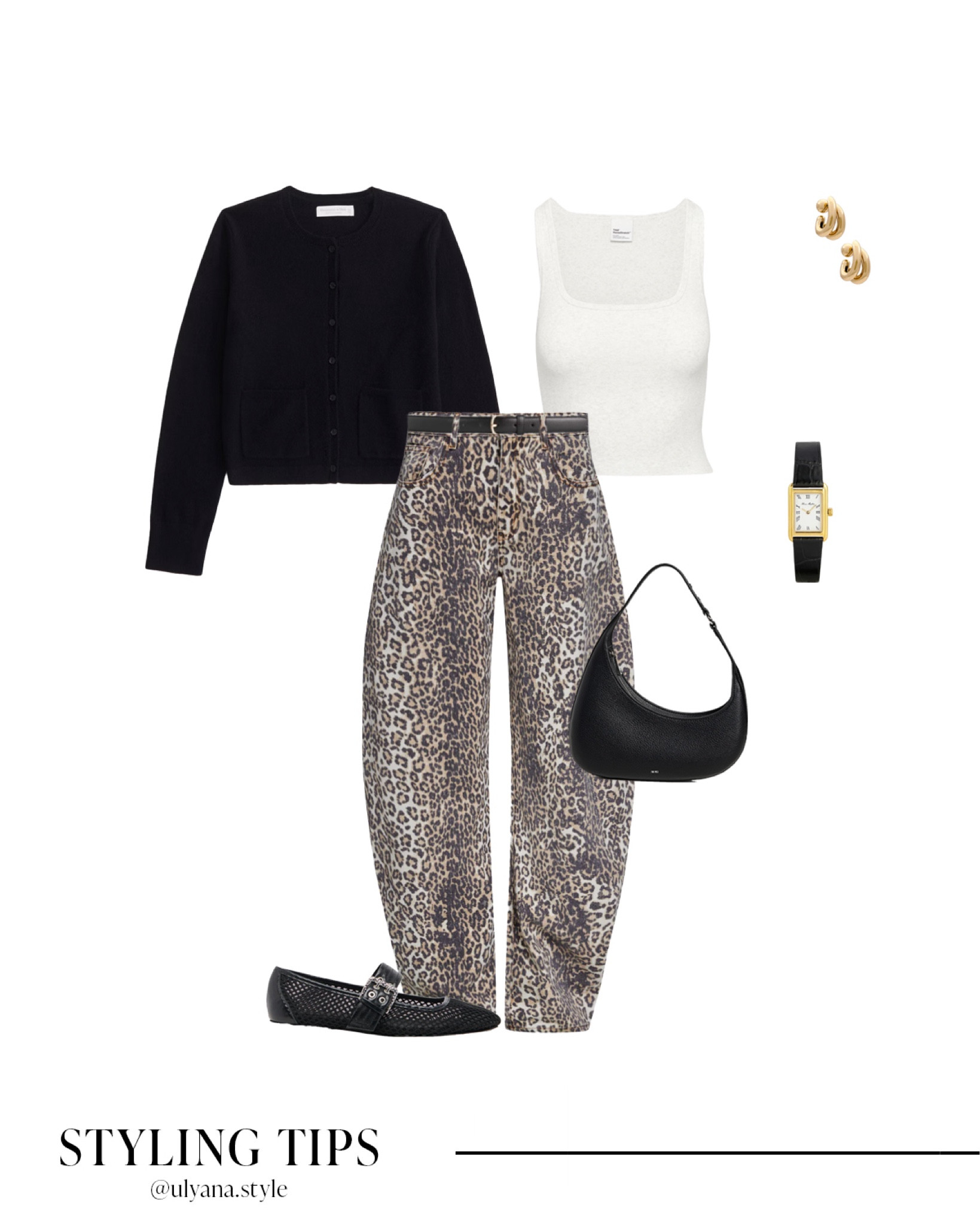 Upgrade your fall wardrobe with this trendy leopard print barrel jeans outfit! Pair with a black cardigan, white tank top, and ballet shoes for the perfect balance of chic and comfy. Add a sleek handbag, black watch, gold earrings, and a black belt for effortless style. Perfect for brunch, shopping, or a casual night out. 
.
.
.
.
.
.
Fall outfits | fall shoes | barrel jeans outfits | baggy jeans | fall jeans | leopard jeans | cardigan outfits | cardigan sweater | cardigan and jeans | button front cardigan | knit cardigan | casual fall outfits | chic outfits | date night outfit |  black ballet flats outfit | mesh ballet flats | fall bags | basic tops 

#LTKSeasonal #LTKHoliday #LTKU #LTKSaleAlert #LTKGiftGuide #LTKWorkwear #LTKTravel #LTKShoeCrush #LTKItBag 


#LTKFindsUnder50 #LTKFindsUnder100 #LTKStyleTip