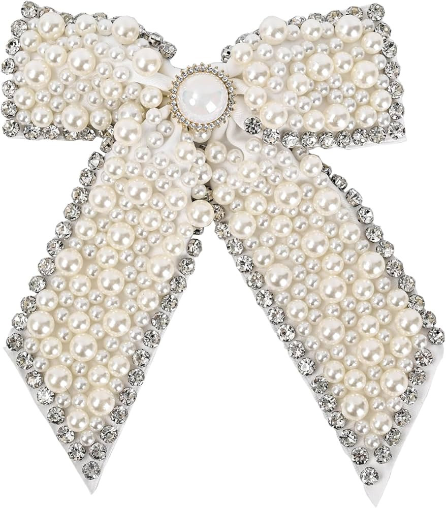 Large Pearl Rhinestone Hair Bow Clips- Full Sparkling Pearls with Crystal Stone Around Handmade M... | Amazon (US)