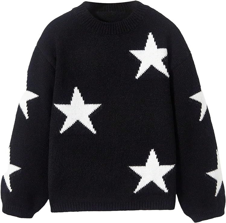 WDIRARA Girl's Star Pattern Round Neck Long Sleeve Sweater Casual Knitted Pullovers Tops | Amazon (US)