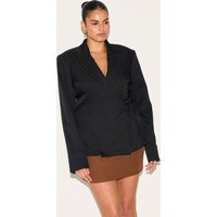Plus Black Super Boxy Tie Side Blazer | PrettyLittleThing US