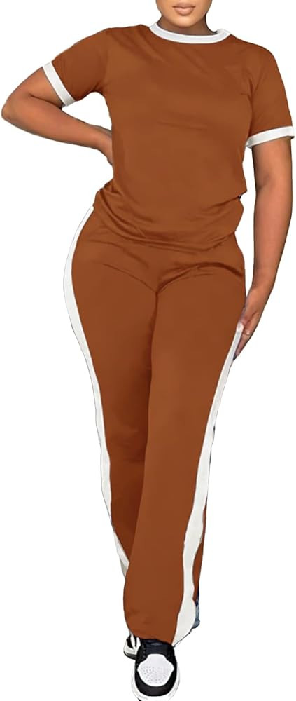 PINSV Women's 2 Piece Outfits Short Sleeve Tops Sweatpants Colorblock Bodycon Lounge Sets Tracksu... | Amazon (US)